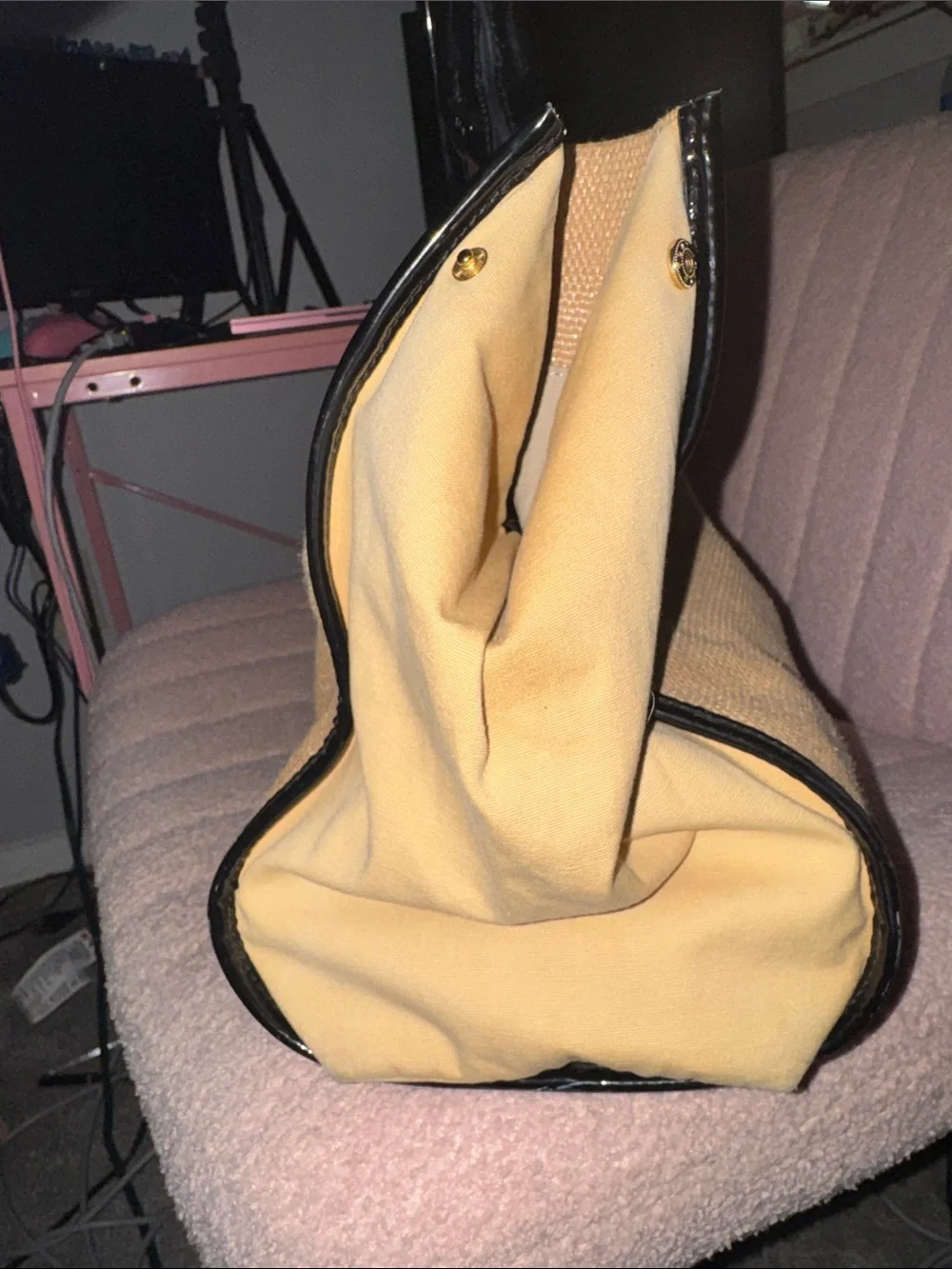 Tory Burch Tan Tote with Black Patent Logo and Trim